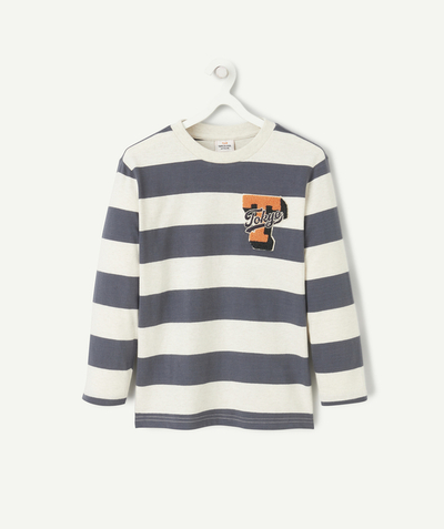 Sales Child Boy Tao Categories - ORGANIC COTTON BOY'S T-SHIRT WITH STRIPE PRINT AND LOOP PATCH