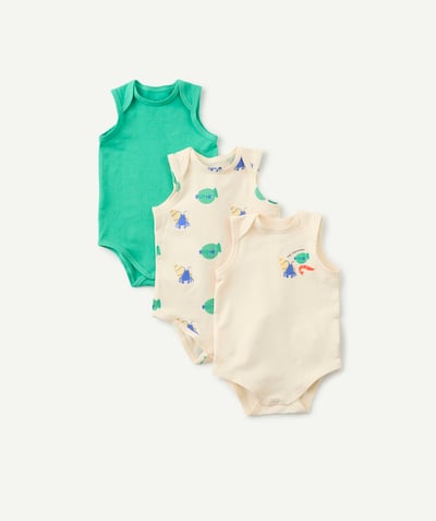 Selection of the moment radius - set of 3 baby bodysuits in green and ecru organic cotton, fish theme
