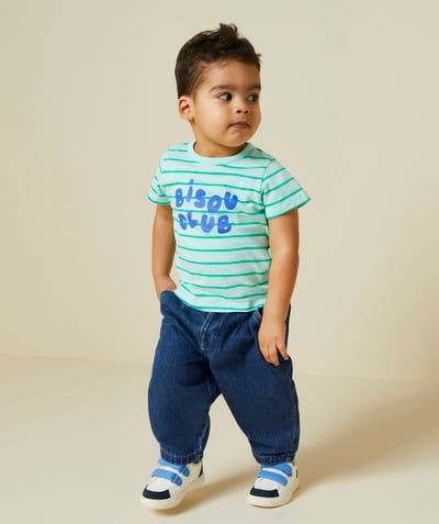 Tendance du moment Rayon - t-shirt bébé garçon en coton bio vert à rayures thème bisous