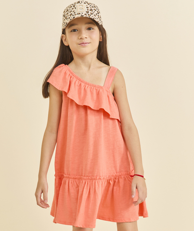 Soldes Enfant Categories Tao - robe avec manches volantes et bretelle fille en coton bio corail