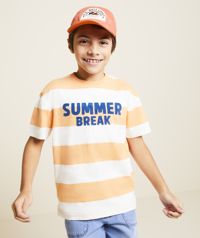  Kind jongen verkoop Tao Categorieën - oranje en ecru gestreept biologisch katoenen jongens t-shirt met korte mouwen zomerboodschap