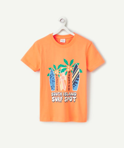  Kind jongen verkoop Tao Categorieën - T-shirt voor jongens in oranje biokatoen met boodschappen en surfplanken
