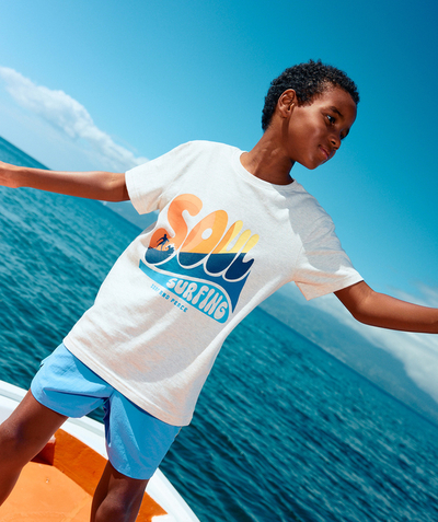 Soldes Enfant Garçon Categories Tao - t-shirt garçon en coton bio gris chiné avec messages colorées thème surf