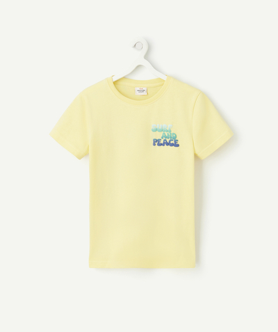  Kind jongen verkoop Tao Categorieën - Jongens-T-shirt in geel biologisch katoen met gekleurde boodschappen op de rug en hartje