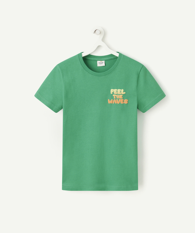  Kind jongen verkoop Tao Categorieën - Jongens-T-shirt in groen biologisch katoen met gekleurde boodschappen