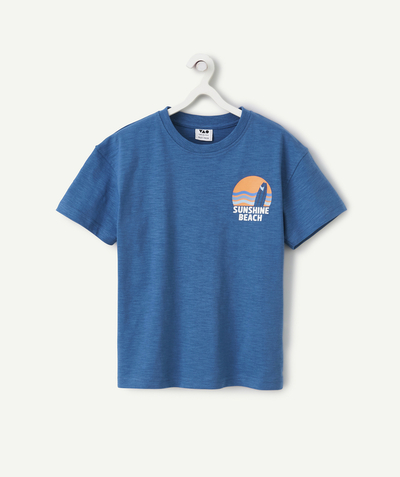 Selection of the moment radius - boy's t-shirt in blue organic cotton with message and sun motif