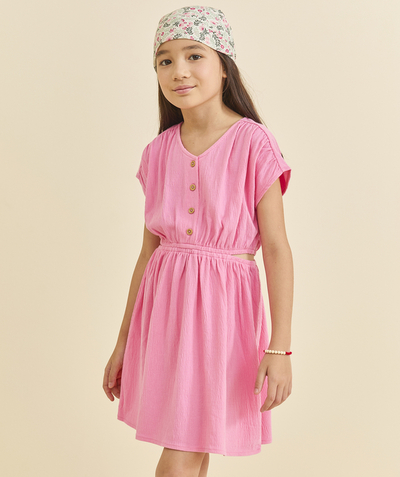 Soldes Categories Tao - robe fille en matière gaufré rose avec ouvertures cotés