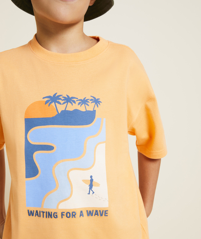  Kind jongen verkoop Tao Categorieën - Jongens-T-shirt met korte mouwen in fluorescerend oranje biokatoen met surfthema