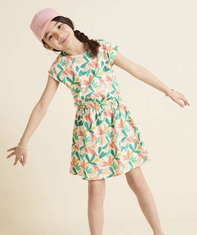 Selection of the moment radius - organic cotton girl's short-sleeved dress with colorful leaf print