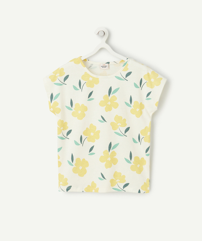Current trends radius - short-sleeved t-shirt for girls in ecru organic cotton with yellow flower print