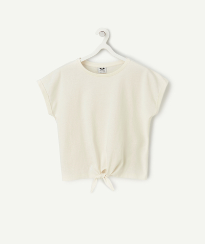 Selection of the moment radius - short-sleeved t-shirt for girls in ecru organic cotton with bow