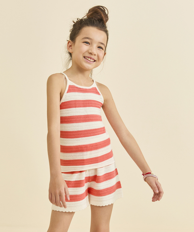 Soldes Enfant Categories Tao - short tricot fille en coton bio rayé corail et blanc