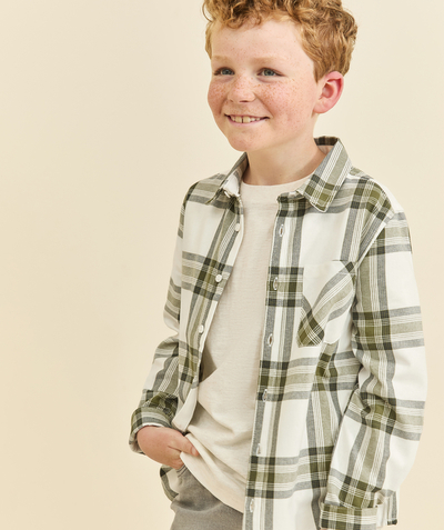 Garçon Rayon - chemise à carreaux garçon en coton bio kaki écru et gris
