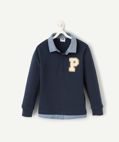 Kids radius - boy's long-sleeved polo shirt in navy blue organic cotton