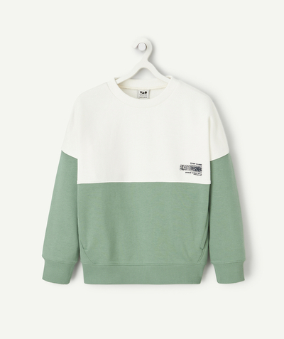 Boy radius - ecru and green organic cotton boy's long-sleeved sweatshirt with pockets