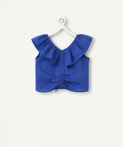 Our back-to-school outfits  radius - royal blue organic cotton girl's short-sleeved shirts with ruffles