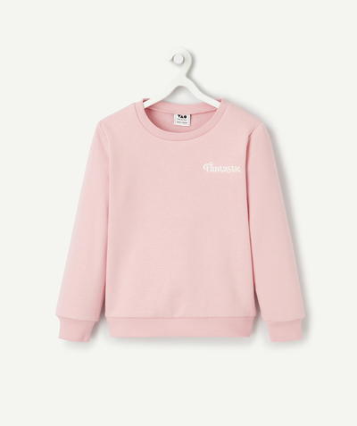 Our back-to-school outfits  radius - girl's pink recycled fiber sweater with white embroidered message