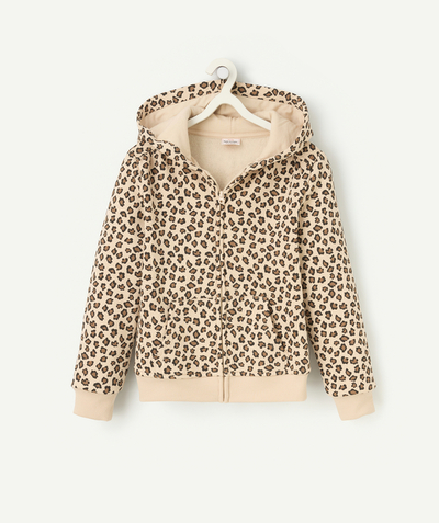 Nos tenues de la rentrée  Rayon - gilet zippée à capuche fille en fibres recyclées beige imprimé léopard