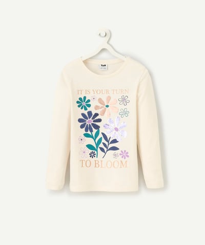 Girl radius - long-sleeved t-shirt for girls in ecru organic cotton with flower motif