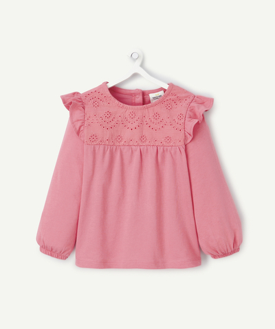 Bébé fille Rayon - t-shirt bébé fille en coton bio rose avec broderies et volants