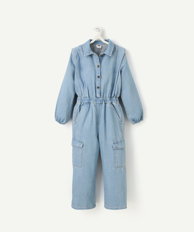 Enfant Rayon - combinaison pantalon fille en denim low impact bleu et poches cargo