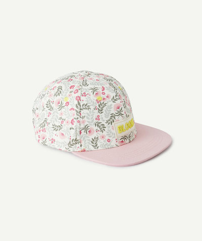 Back to school radius - ecru and pink girl's cap with floral print and bloom embroidered patch
