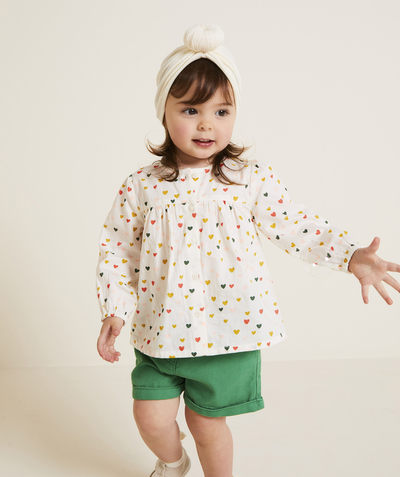 Baby radius - long-sleeved baby girl shirt in ecru organic cotton printed with colorful hearts