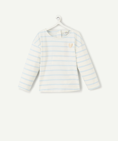Baby girl radius - long-sleeved baby girl t-shirt in ecru organic cotton with sky blue stripes