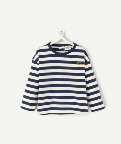 Our back-to-school outfits  radius - long-sleeved baby boy t-shirt in navy blue and ecru organic cotton marinière with heart message