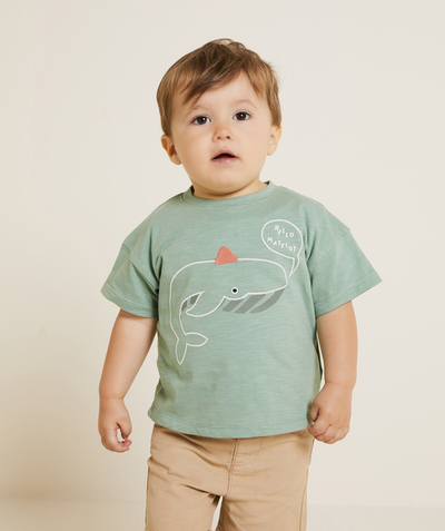 Baby boy radius - short-sleeved baby boy t-shirt in green organic cotton with whale motif