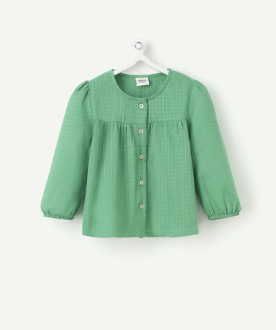 Nos tenues de la rentrée  Rayon - chemise manches longues bébé fille en coton bio fronces vert