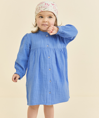 Nos tenues de la rentrée  Rayon - robe manches longues bébé fille en gaze de coton bio bleu