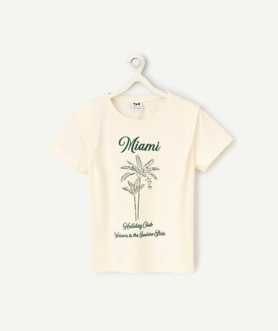 Enfant Rayon - t-shirt manches courtes fille en coton bio écru imprimé miami