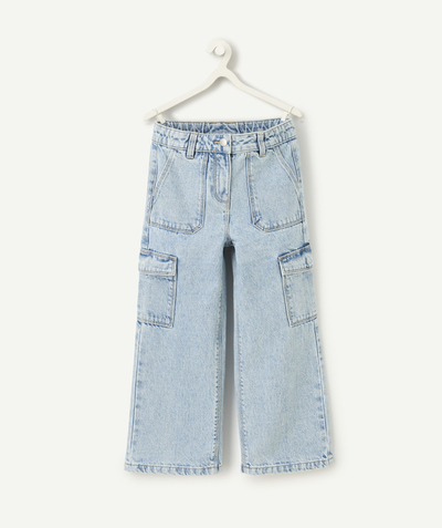 Enfant Rayon - pantalon cargo fille en fibres recyclées et denim bleu délavé