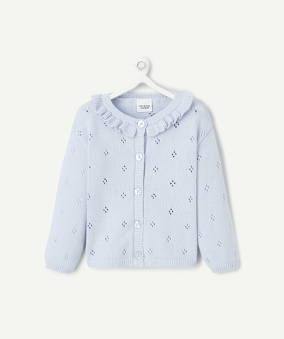 Baby girl radius - baby girl cardigan in pale blue openwork knit with scalloped collar