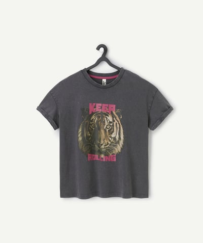Ado fille Rayon - t-shirt fille en coton gris foncé avec message et motif tigre