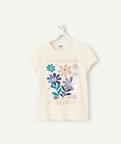 Girl radius - ecru organic cotton girl's t-shirt with reversible sequined flowers