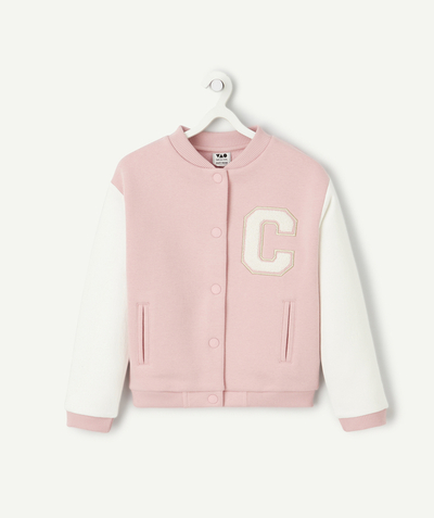 Our back-to-school outfits  radius - pink and white girl's teddy jacket with loop letter patch