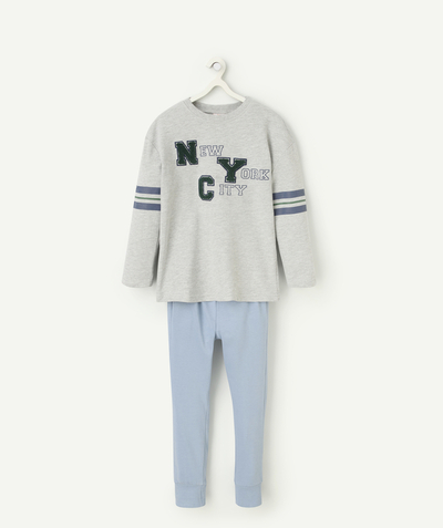 Nos tenues de la rentrée  Rayon - pyjama manches longues garçon en coton bio gris et bleu thème new york