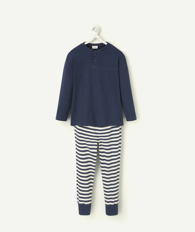 Enfant Rayon - pyjama manches longues garçon en coton bio bleu marine et blanc