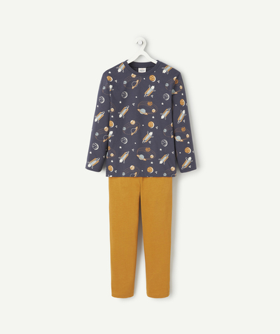 Garçon Rayon - pyjama manches longues garçon en coton bio bleu marine et marron avec imprimé espace