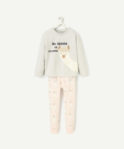 Fille Rayon - pyjama fille en coton bio gris chiné et rose pâle imprimé lamas