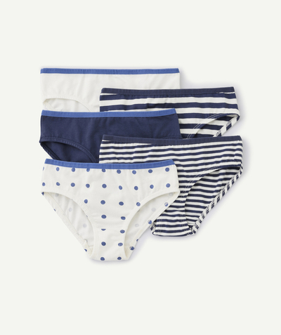 Kids radius - set of 5 organic cotton girl's panties, blue-white stripes and polka dots
