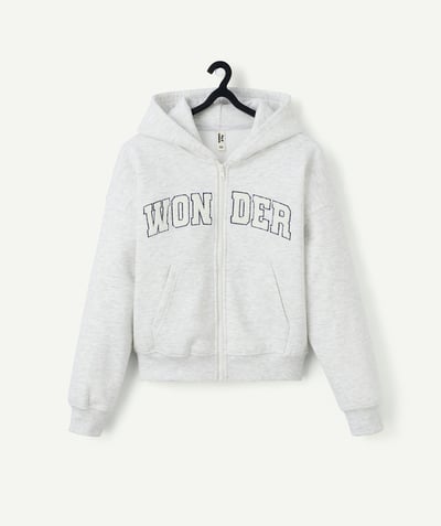 Teenage girl radius - boy's zip-up hooded cardigan in mottled grey recycled fibers with bouclette message