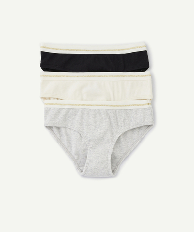 Kids radius - set of 3 black, grey and ecru ribbed organic cotton panties for girls