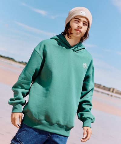  Enfant - Sweat à capuche garçon en fibres recyclées vert avec message