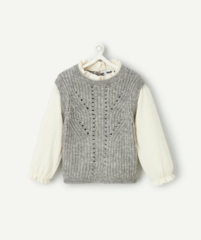  Baby - Grey baby girl sweater with white puffed sleeves