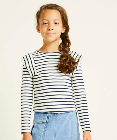   - long-sleeved t-shirt for girls in ecru and navy blue striped organic cotton