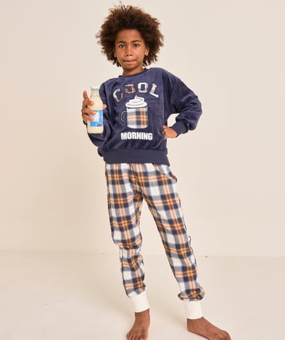  Enfant - pyjama garçon en fibres recyclées en velours bleu marine et à carreaux