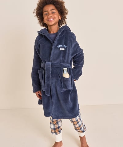  Child - boy's navy blue recycled-fibre bathrobe with embroidered message